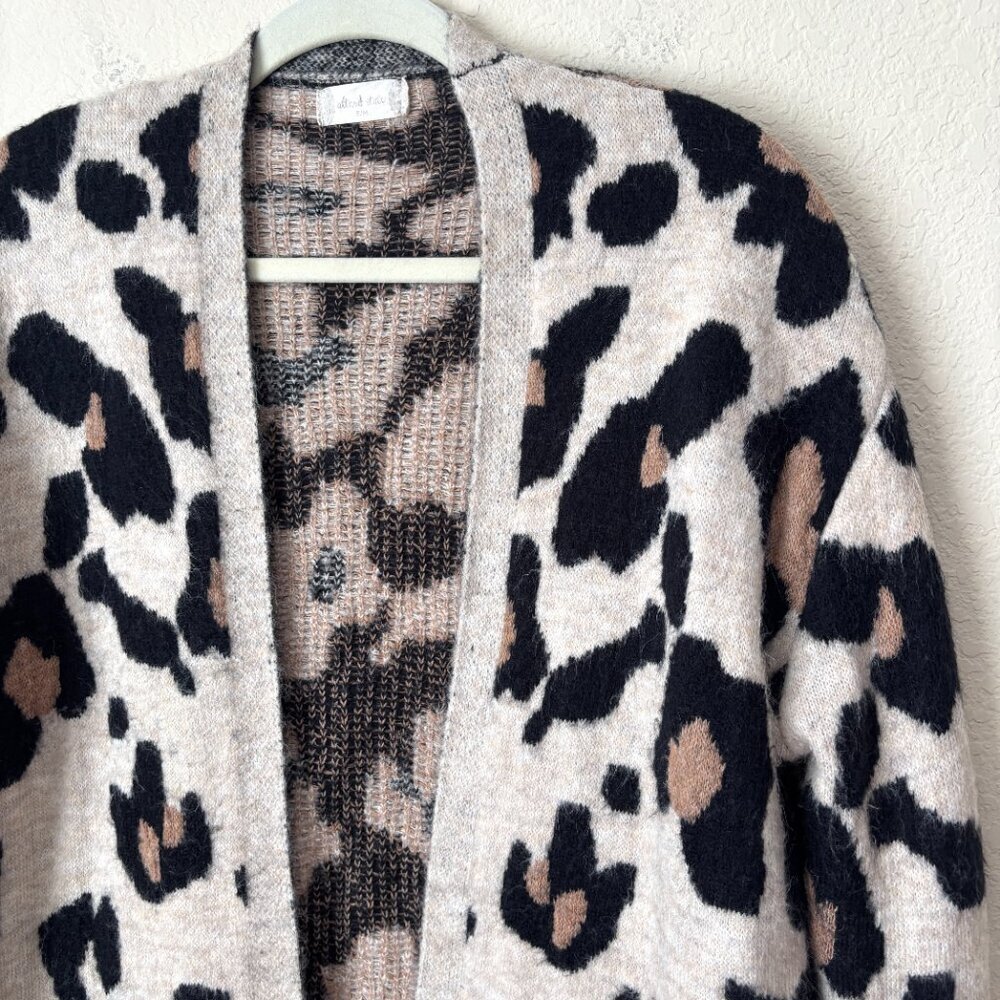 Altar'd State Boho Cozy Leopard Printed Open Front Longline Cardigan Sweater - Picture 3 of 10